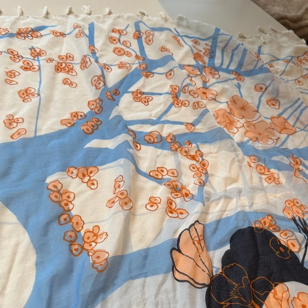 H&M Geisha & Cherry Blossoms Artistic Scarf Wrap w/ Tassel Fringe, Lightweight
